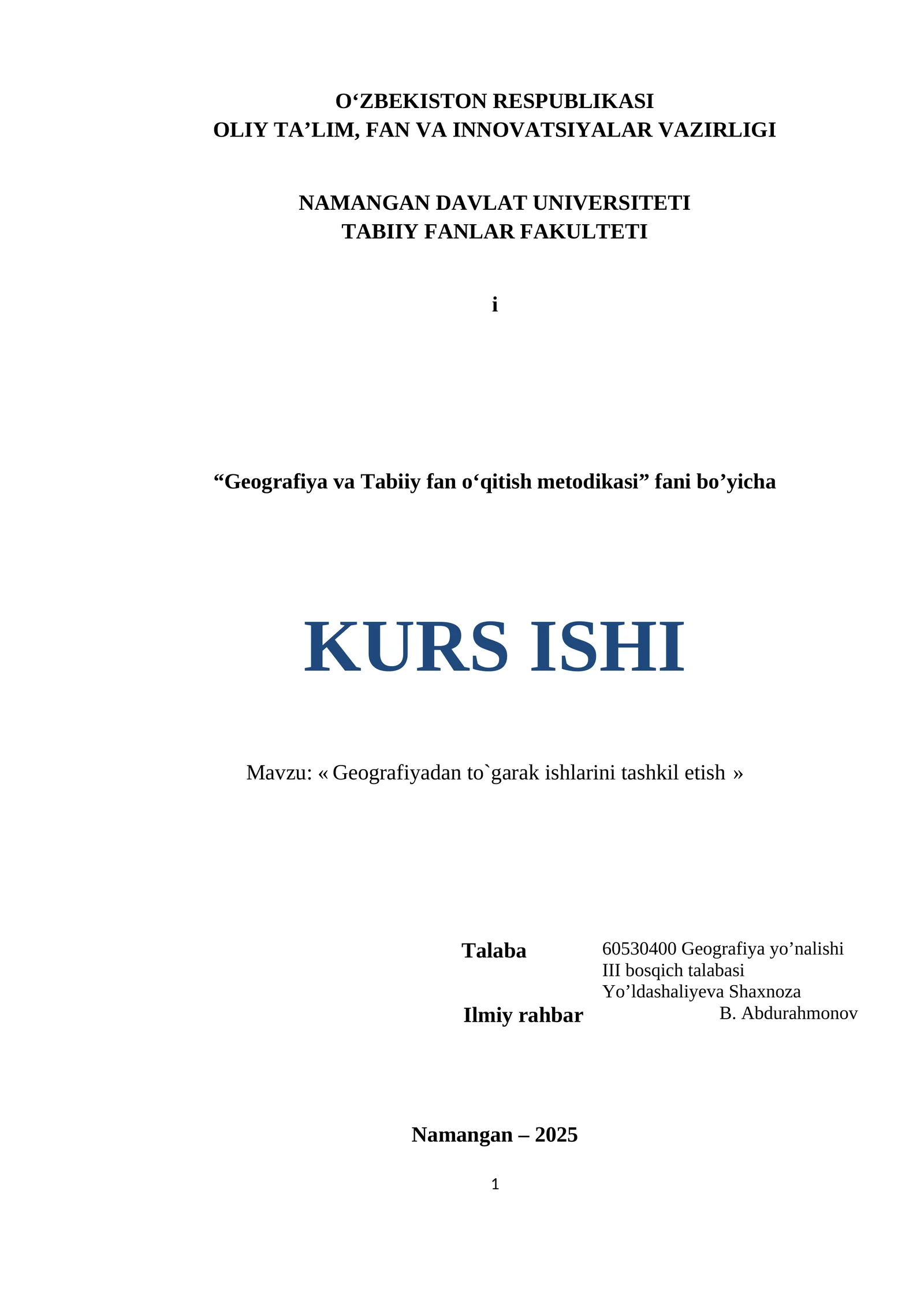 « Geografiyadan to`garak ishlarini tashkil etish » KURS ISHI