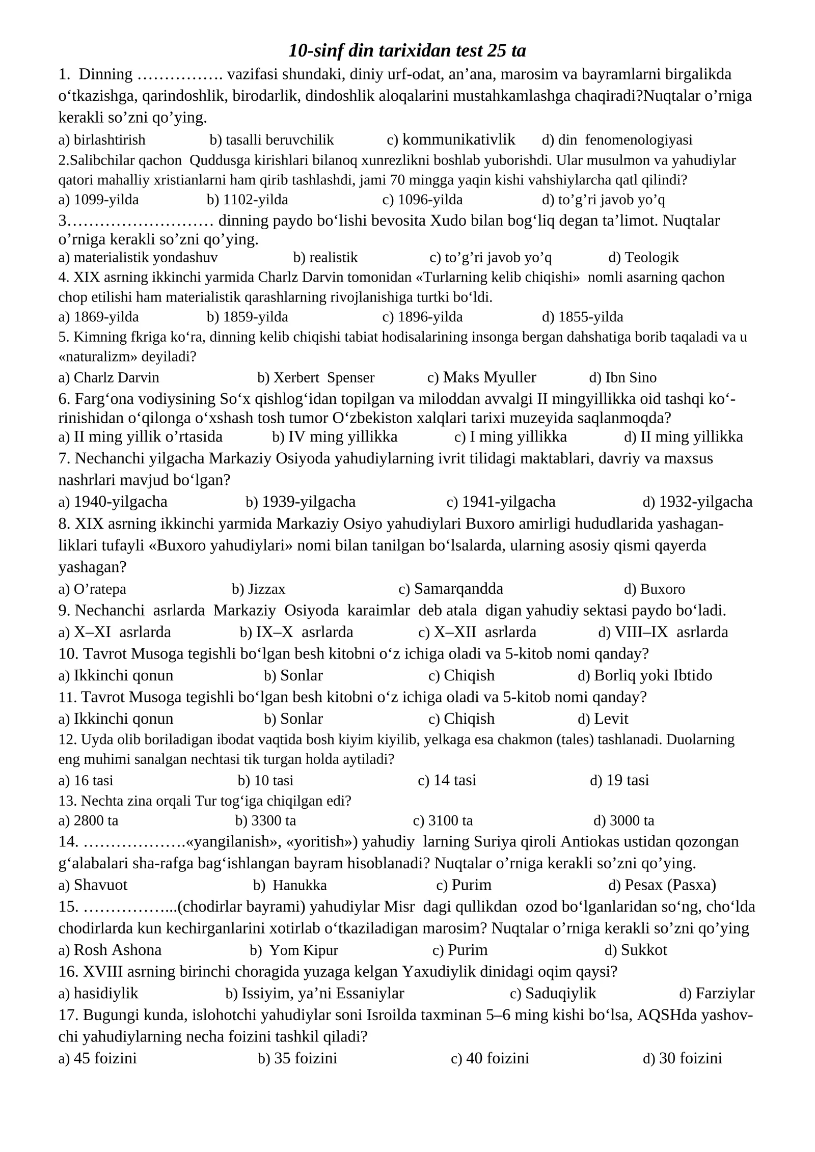 Tarix fanidan Test Savol va Javoblari