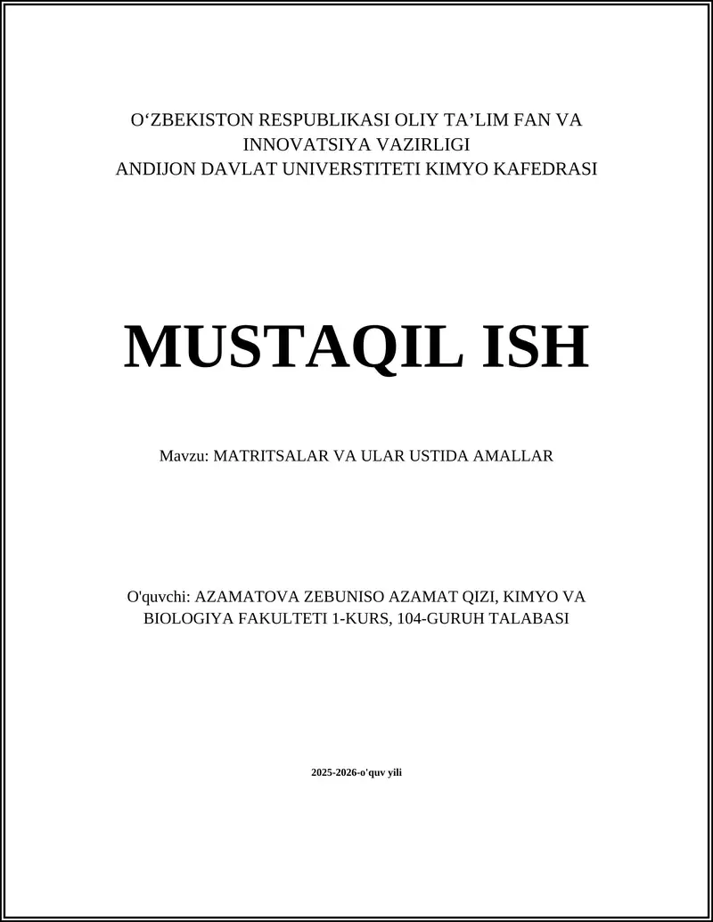 MATRITSALAR VA ULAR USTIDA AMALLAR