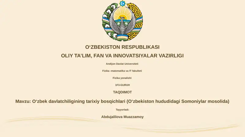 Oʻzbek davlatchiligining tarixiy bosqichlari (Oʻzbekiston hududidagi Somoniylar mosolida)