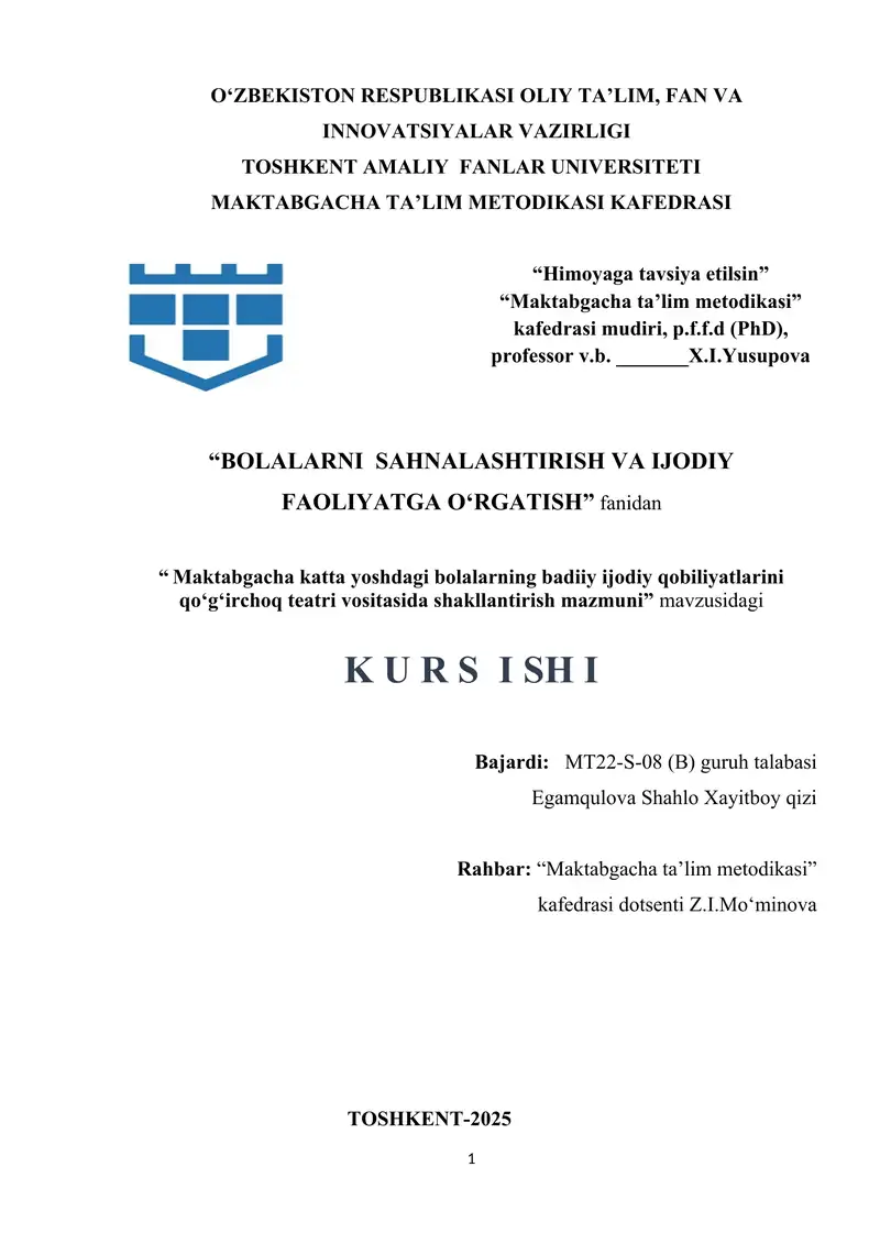Maktabgacha katta yoshdagi bolalarning badiiy ijodiy qobiliyatlarini qoʻgʻirchoq teatri vositasida shakllantirish mazmuni