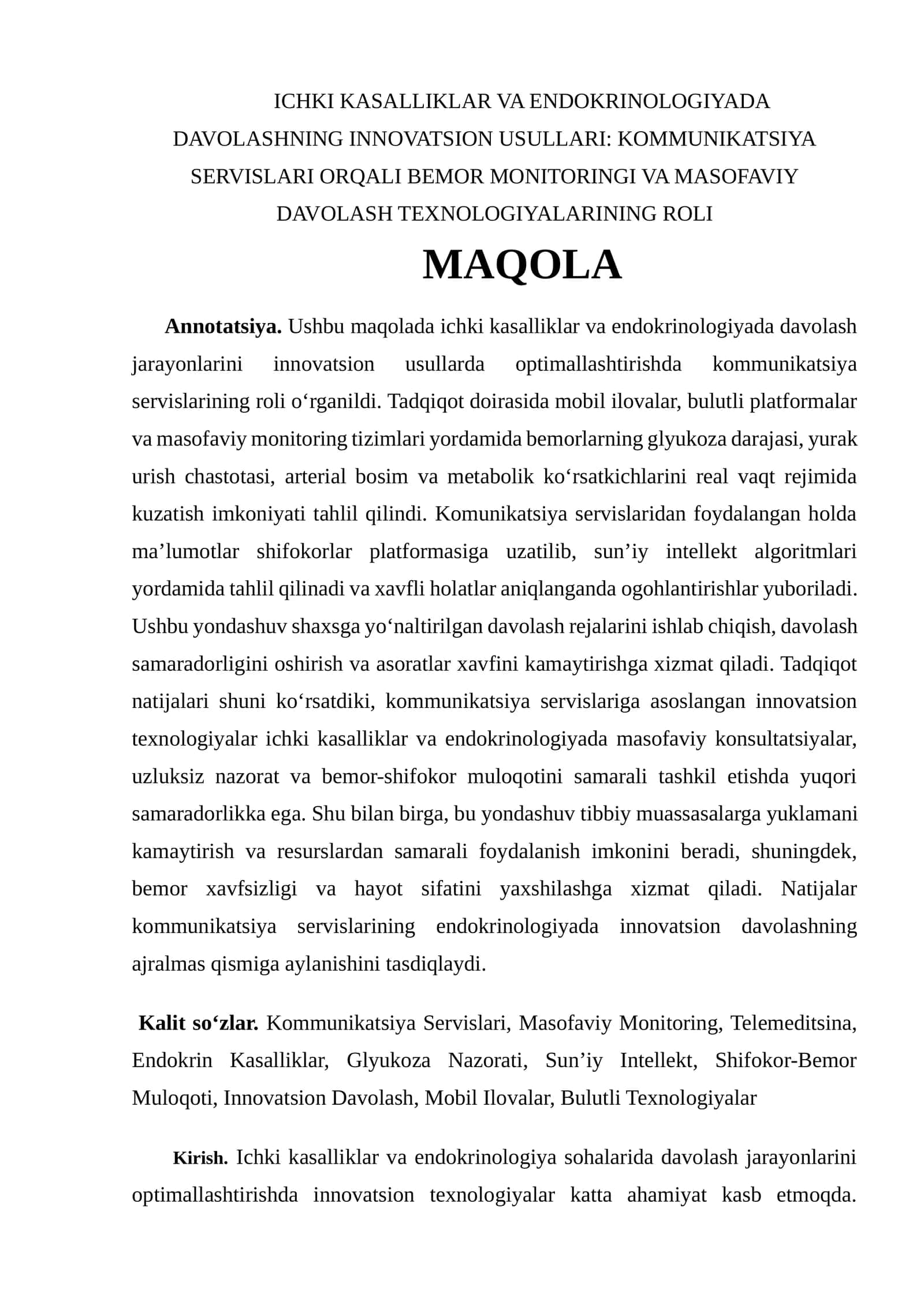 (maqola)ICHKI KASALLIKLAR VA ENDOKRINOLOGIYADA DAVOLASHNING INNOVATSION USULLARI: KOMMUNIKATSIYA SERVISLARI ORQALI BEMOR MONITORINGI VA MASOFAVIY DAVOLASH TEXNOLOGIYALARINING ROLI