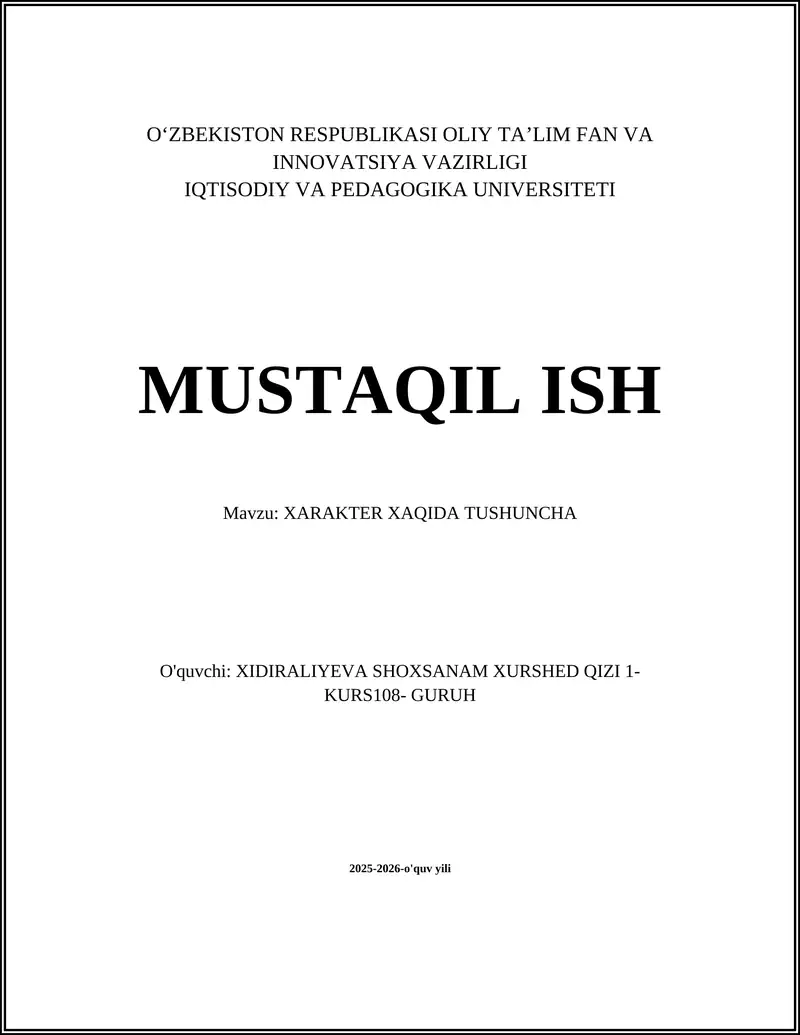 XARAKTER XAQIDA TUSHUNCHA