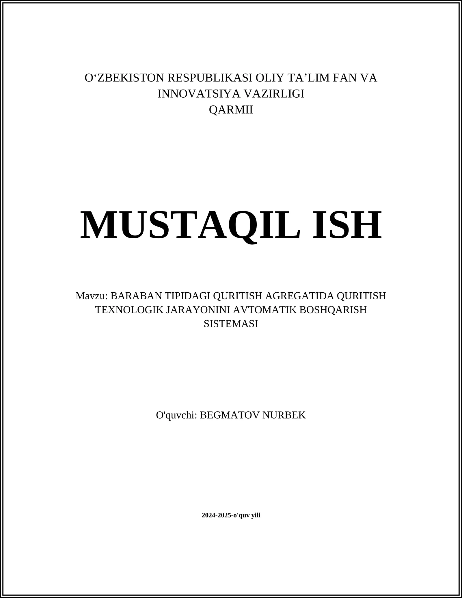 BARABAN TIPIDAGI QURITISH AGREGATIDA QURITISH TEXNOLOGIK JARAYONINI AVTOMATIK BOSHQARISH SISTEMASI