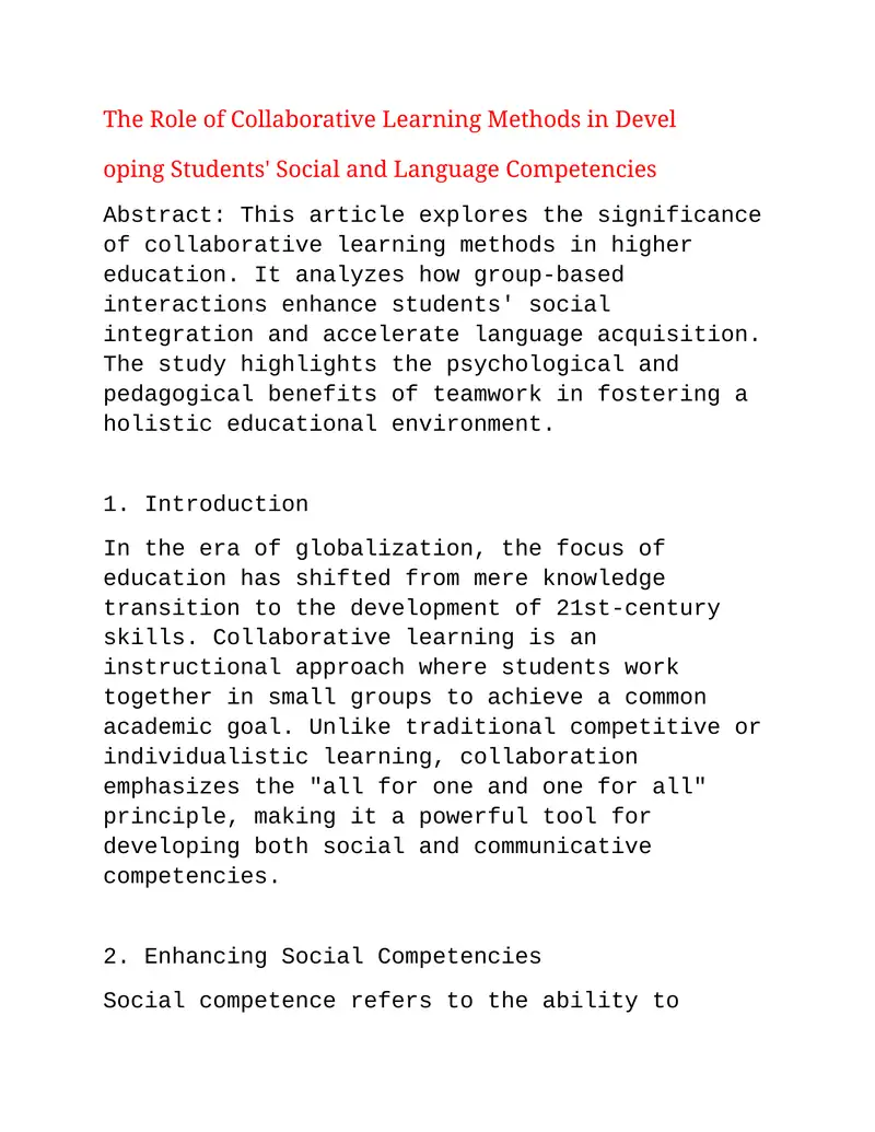 The Role of Collaborative Learning Methods in Developing Students' Social and Language Competencies