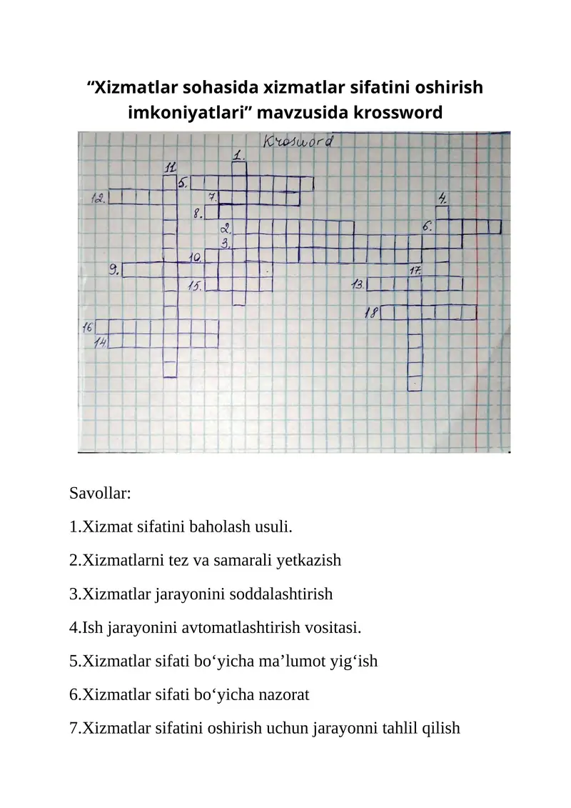 Xizmatlar sohasida xizmatlar sifatini oshirish imkoniyatlari krossword