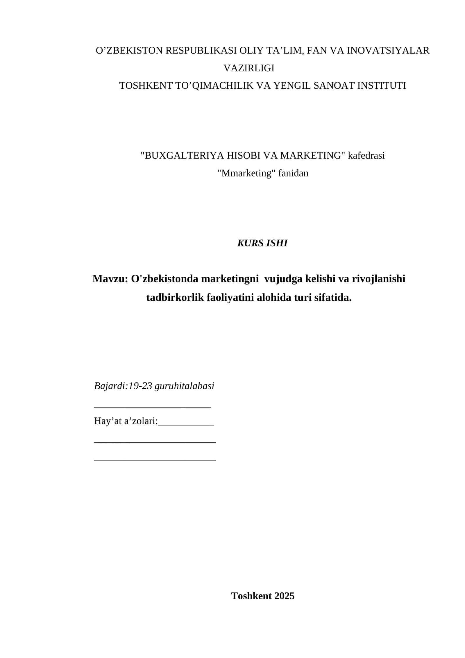 O'zbekistonda marketingni  vujudga kelishi va rivojlanishi tadbirkorlik faoliyatini alohida turi sifatida.