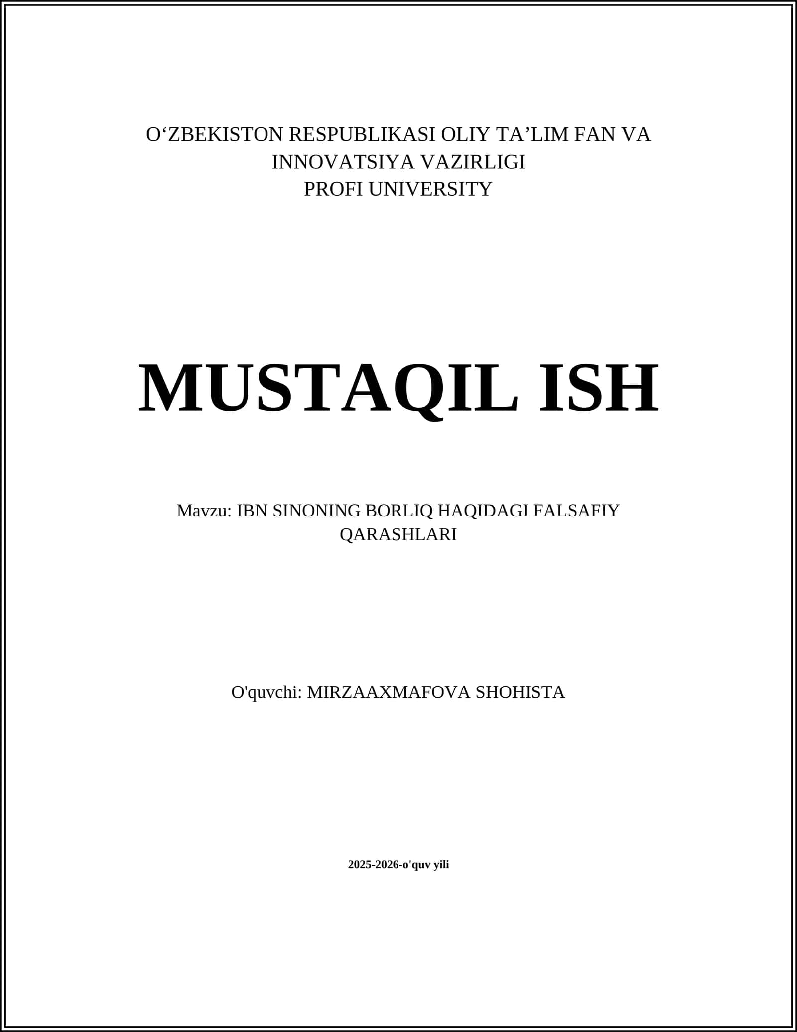 IBN SINONING BORLIQ HAQIDAGI FALSAFIY QARASHLARI