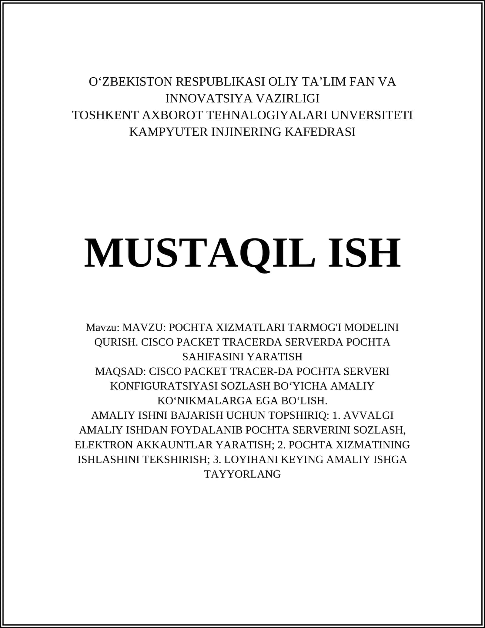 POCHTA XIZMATLARI TARMOGI MODELI