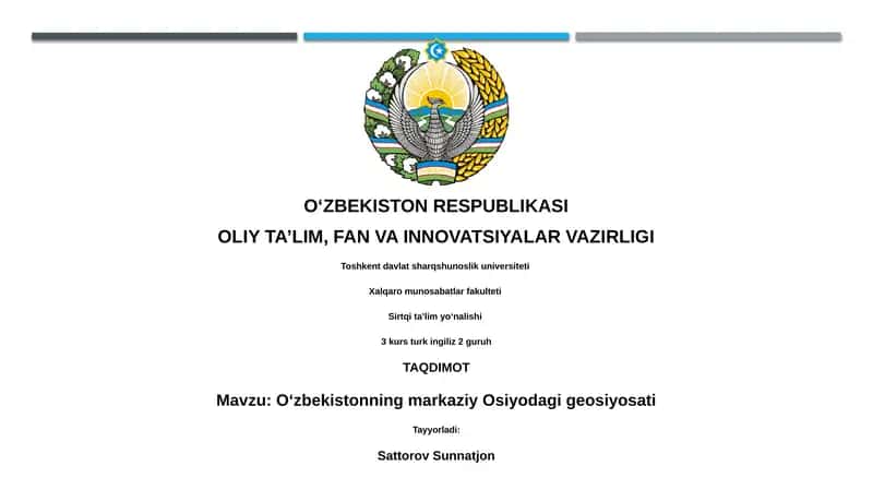 O'zbekistonning Markaziy Osiyodagi Geosiyosati