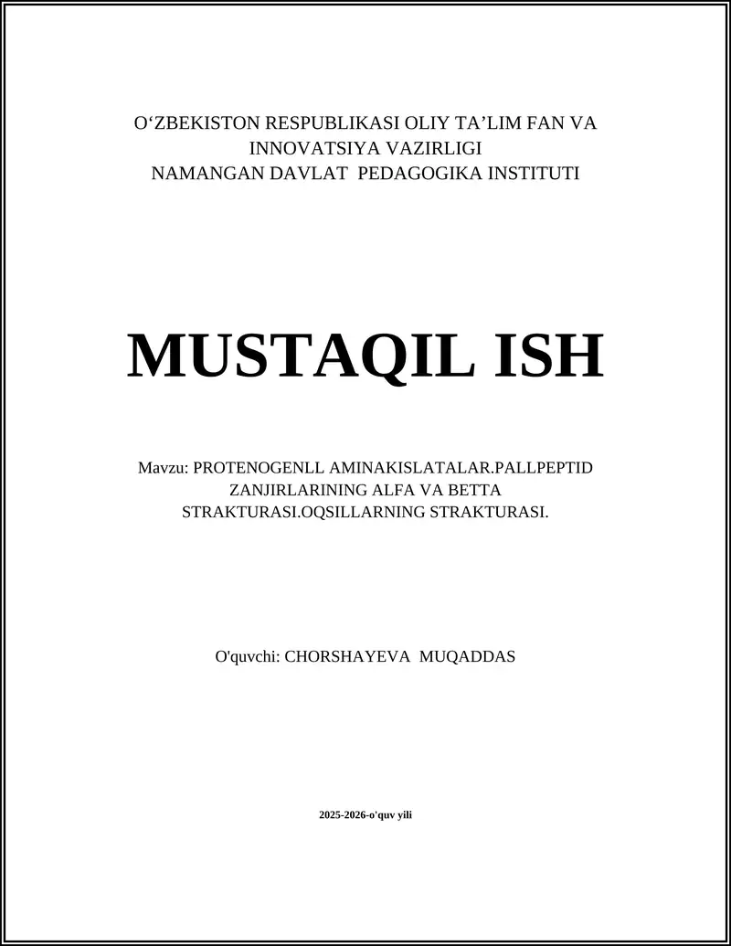 PROTENOGENLL AMINAKISLATALAR.PALLPEPTID ZANJIRLARINING ALFA VA BETTA STRAKTURASI.OQSILLARNING STRAKTURASI