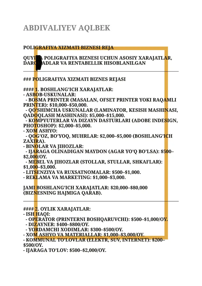 Poligrafiya Xizmati Biznes Rejasi