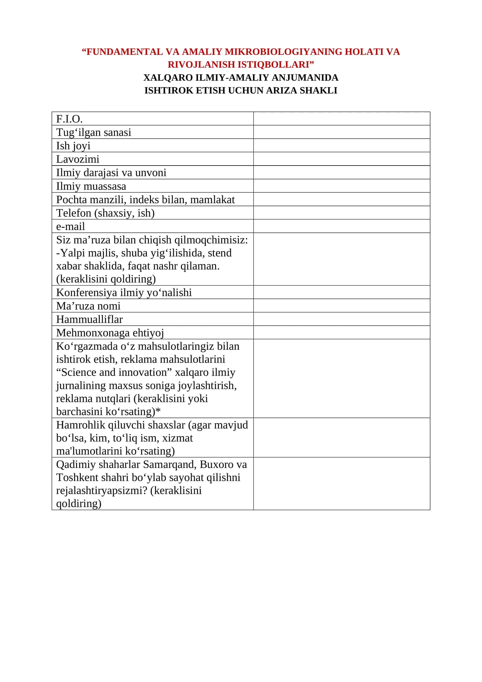 FUNDAMENTAL VA AMALIY MIKROBIOLOGIYANING HOLATI VA RIVOJLANISH ISTIQBOLLARI