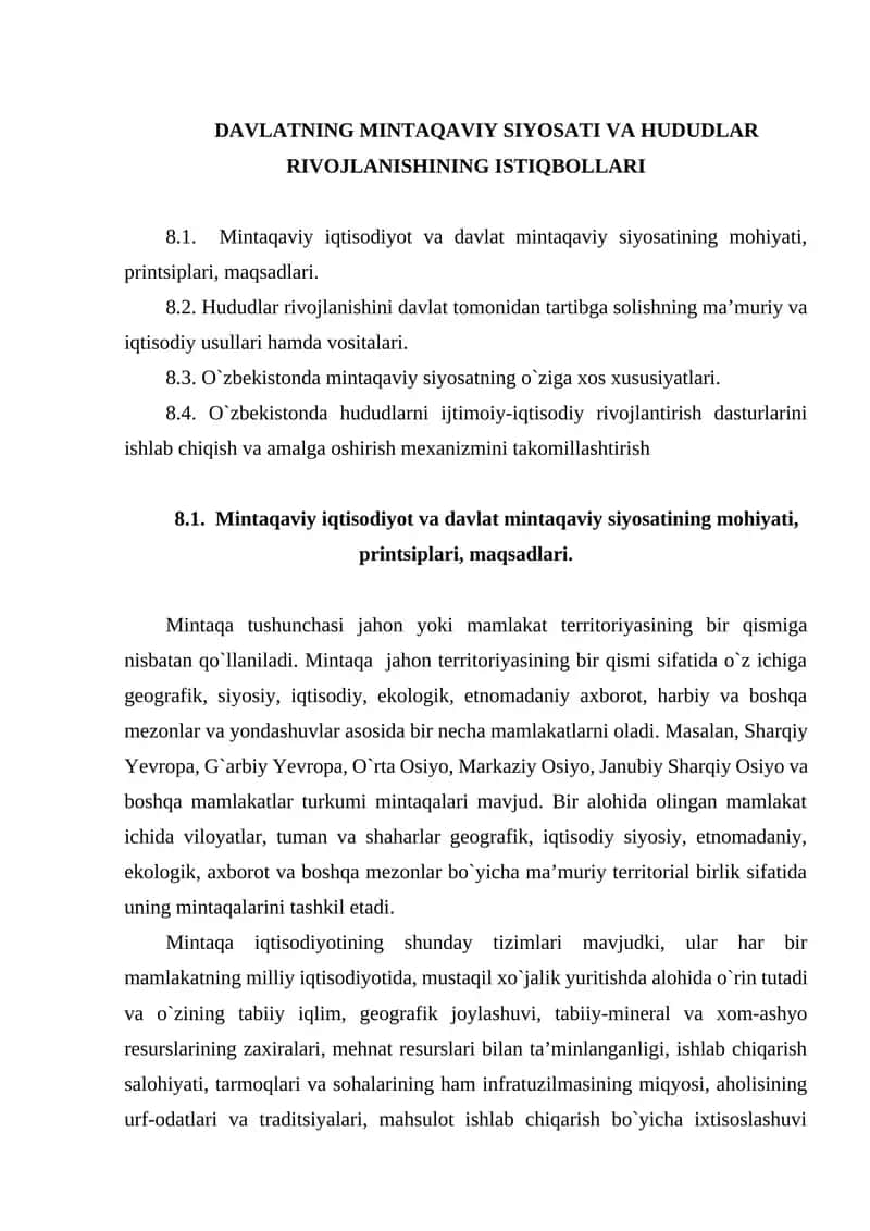 DAVLATNING MINTAQAVIY SIYOSATI VA HUDUDLAR RIVOJLANISHINING ISTIQBOLLARI