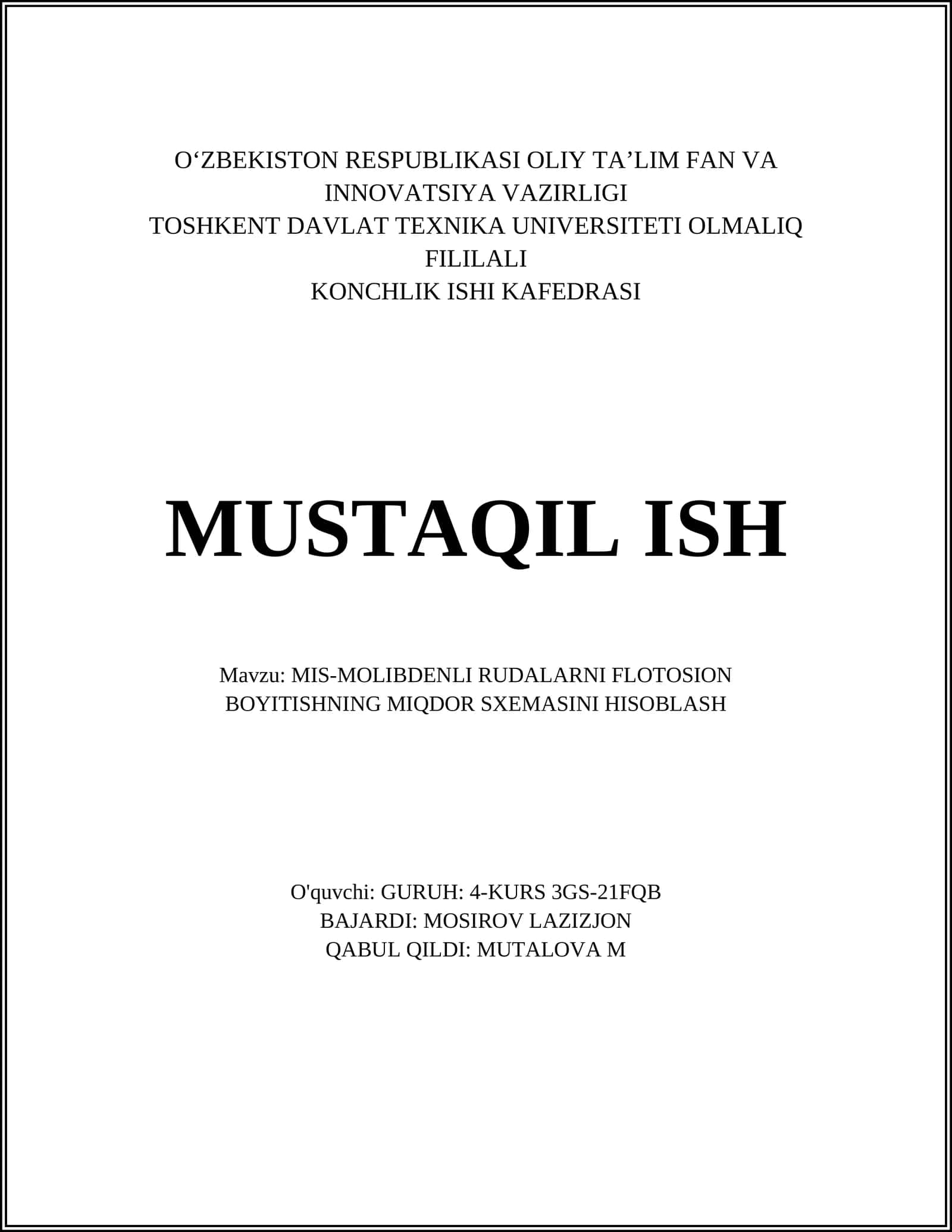 MIS-MOLIBDENLI RUDALARNI FLOTOSION BOYITISHNING MIQDOR SXEMASINI HISOBLASH