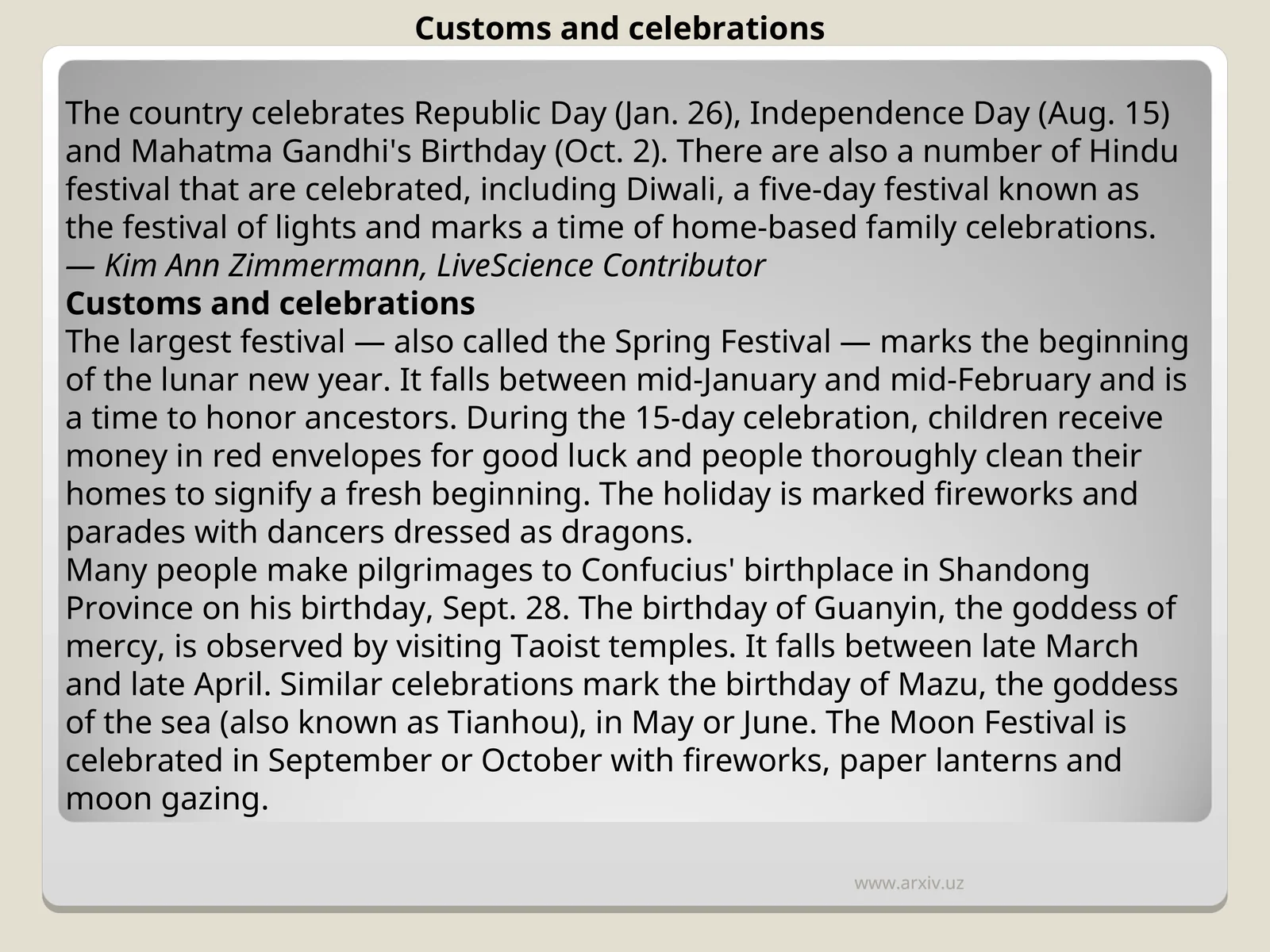 Customs and celebrations