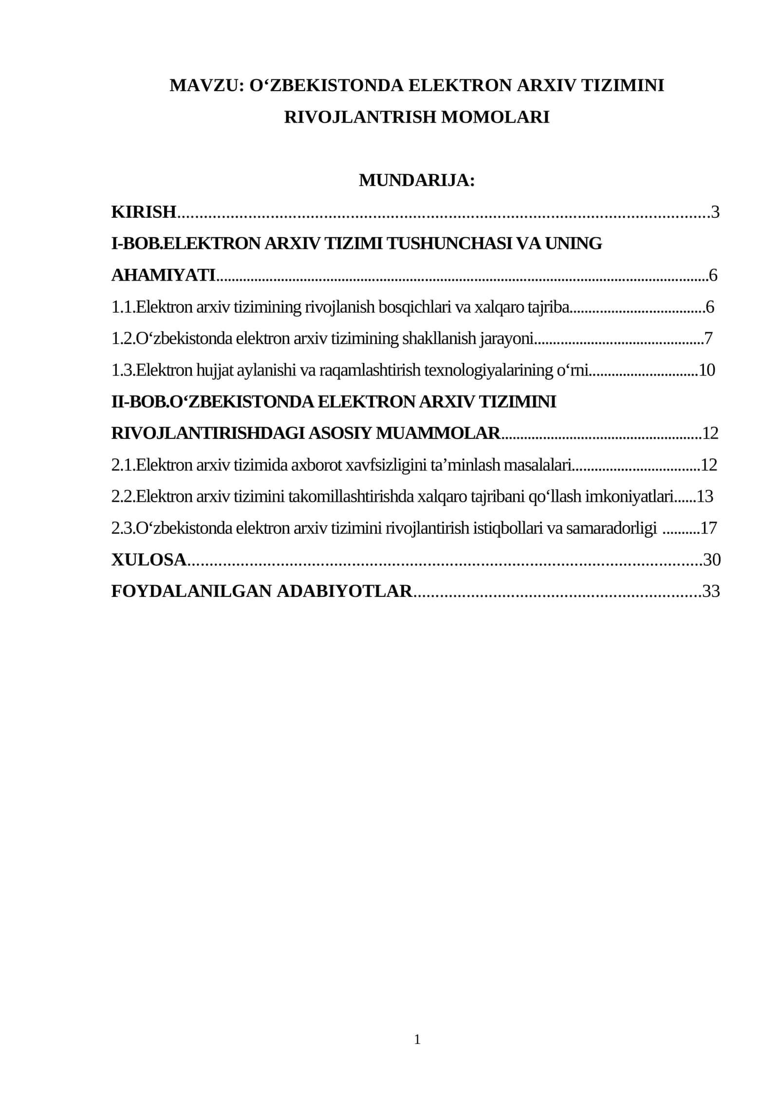 Oʻzbekistonda elektron arxiv tizimini rivojlantrish momolari.