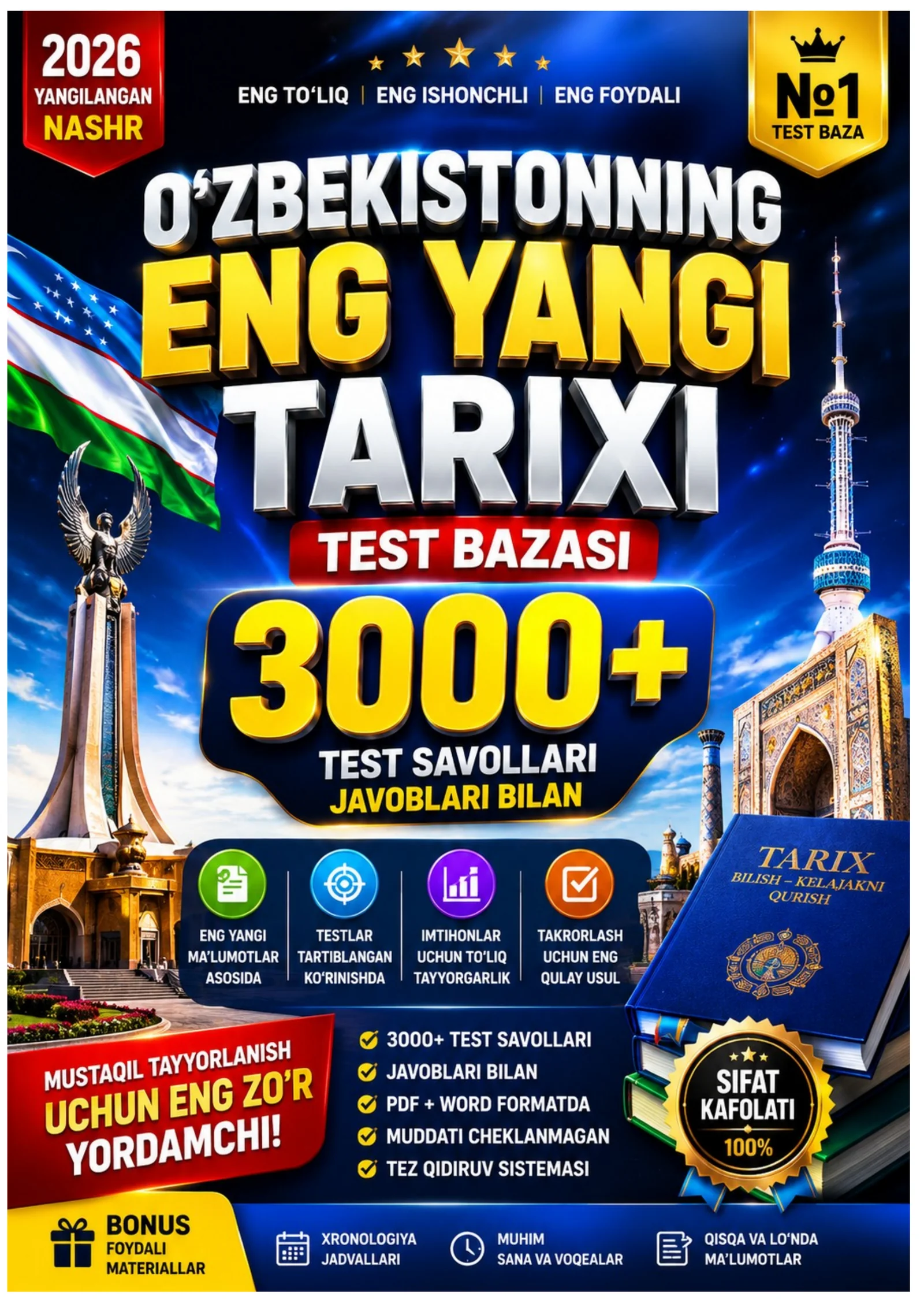 ARGOS 2026 YIL O'ZBEKISTONNING ENG YANGI TARIXI PEDAGOGLAR VA ABITURIYENTLAR UCHUN UNIVERSAL TESTLAR BAZASI (3000+)