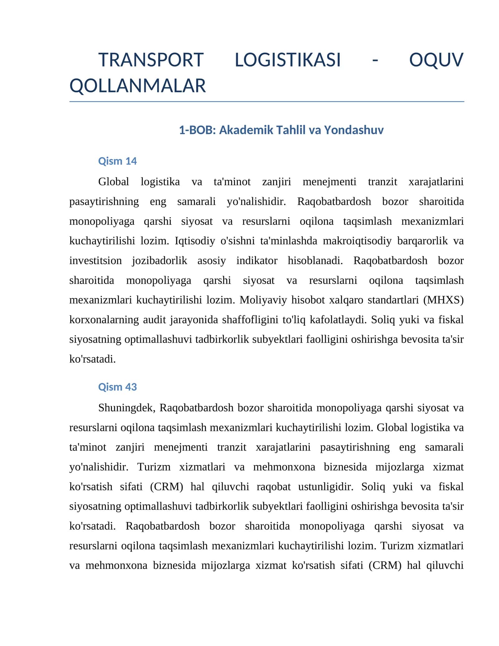 TRANSPORT LOGISTIKASI - OQUV QOLLANMALAR