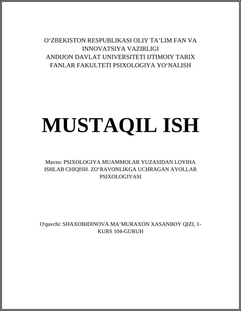 PSIXOLOGIYA MUAMMOLAR YUZASIDAN LOYIHA ISHLAB CHIQISH