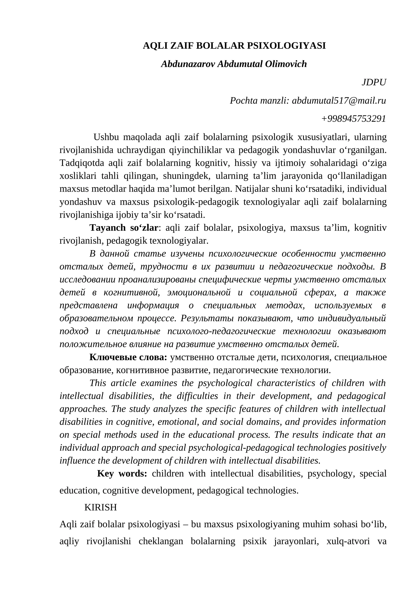 AQLI ZAIF BOLALAR PSIXOLOGIYASI
