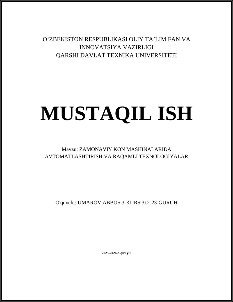 ZAMONAVIY KON MASHINALARIDA AVTOMATLASHTIRISH VA RAQAMLI TEXNOLOGIYALAR