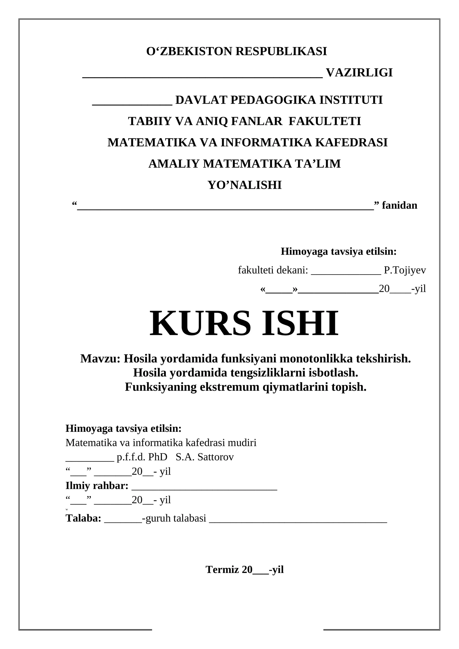 Hosila yordamida funksiyani monotonlikka tekshirish. Hosila yordamida tengsizliklarni isbotlash