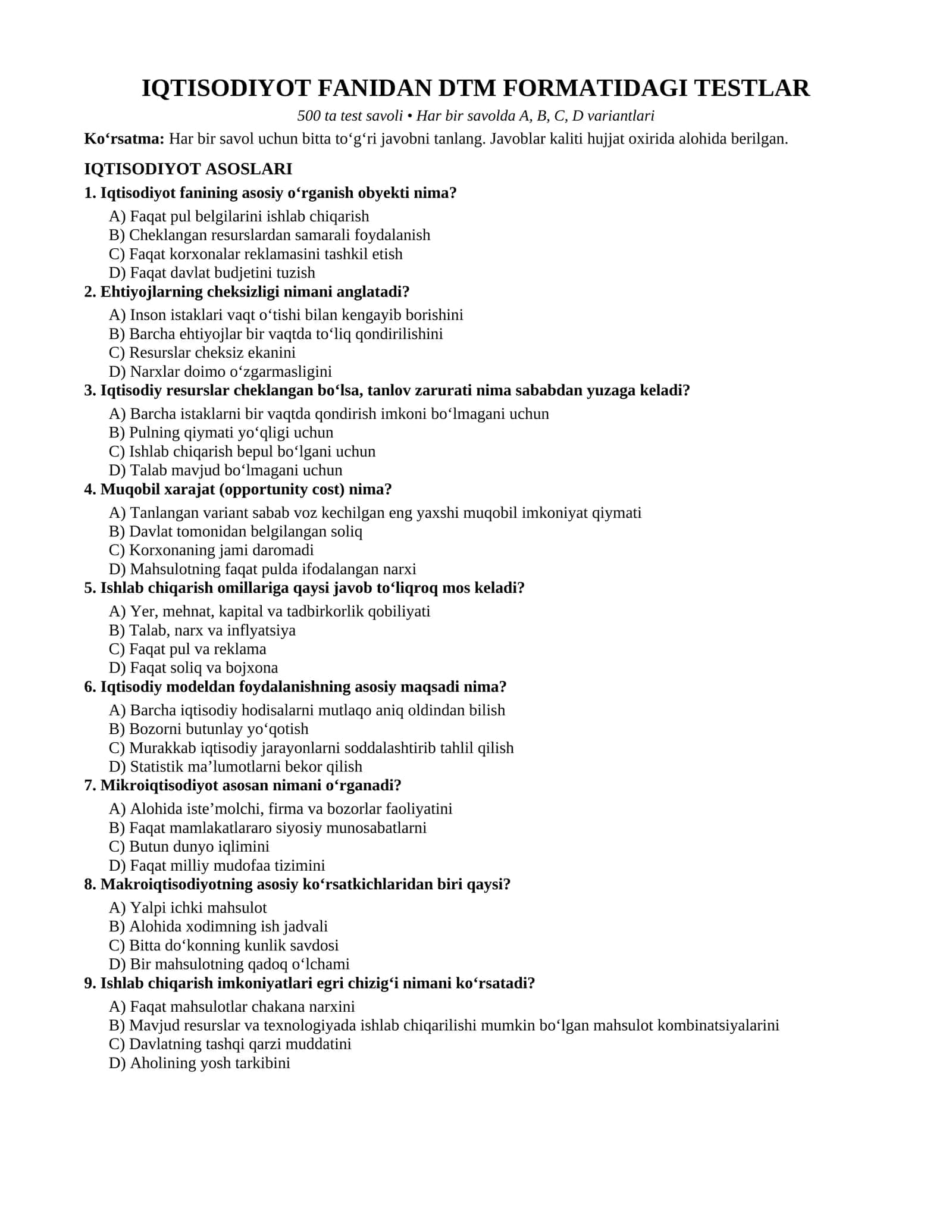 IQTISODIYOT FANIDAN DTM FORMATIDAGI TESTLAR
