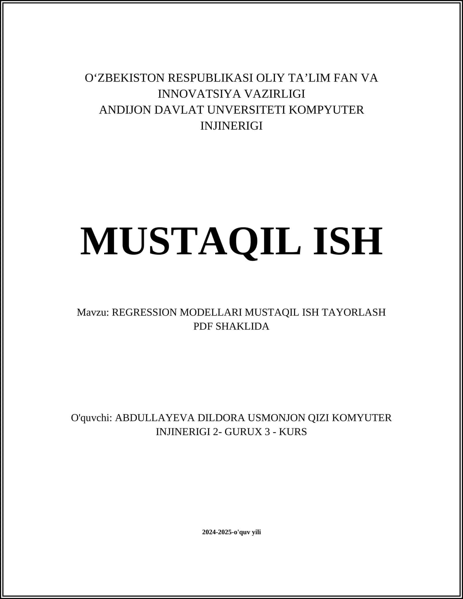 REGRESSION MODELLARI MUSTAQIL ISH TAYORLASH PDF SHAKLIDA