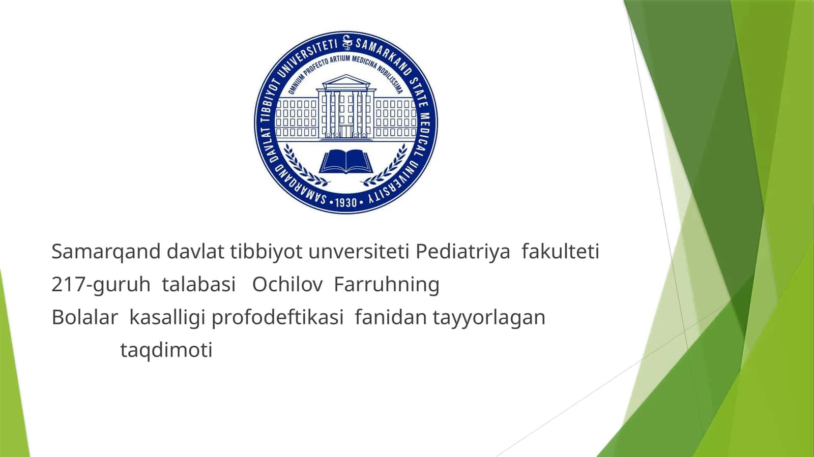 Bolalar kasalligi profodeftikasifanidan tayyorlagan taqdimot