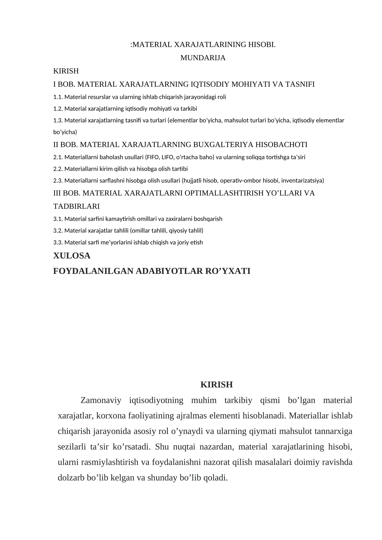 MATERIAL XARAJATLARINING HISOBI
