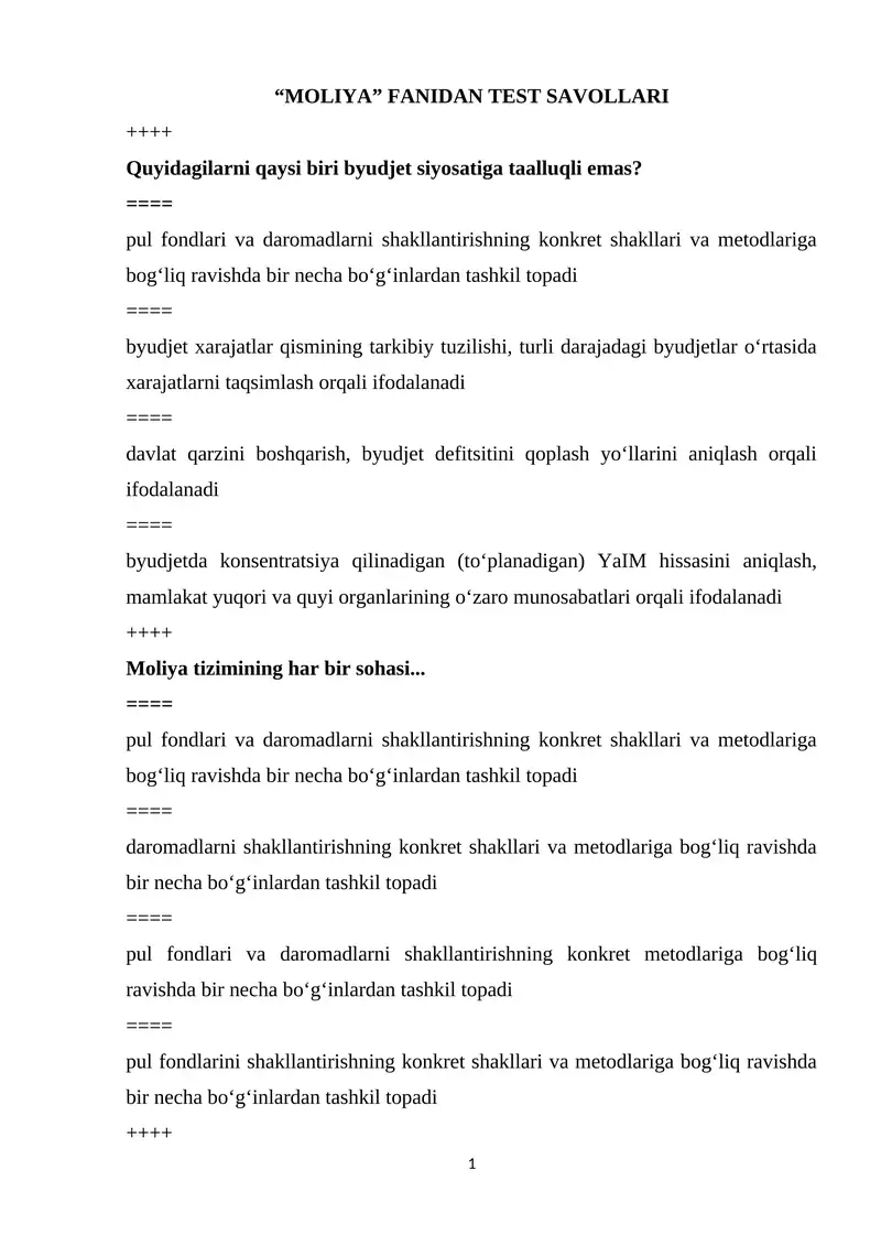 “MOLIYA” FANIDAN TEST SAVOLLARI