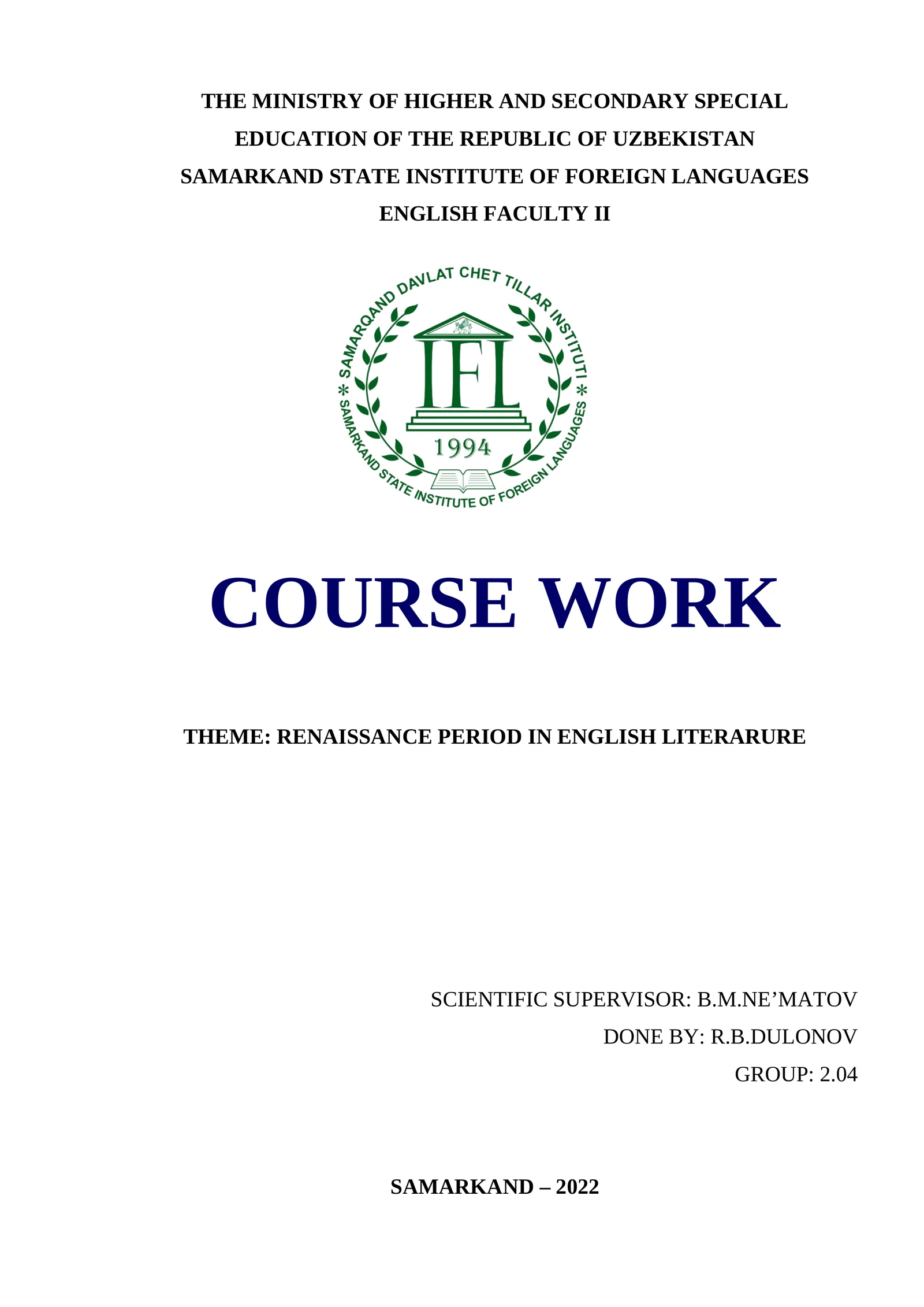 RENAISSANCE PERIOD IN ENGLISH LITERATURE
