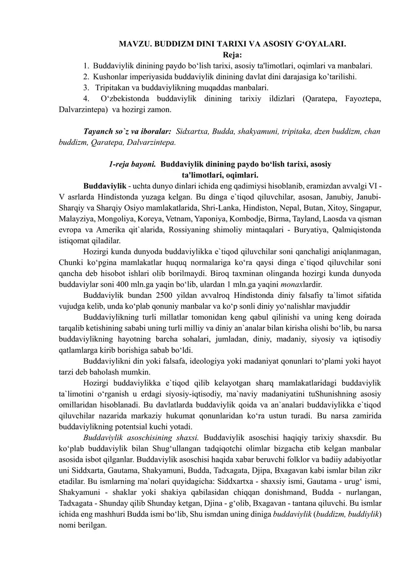 Buddizm dini tarixi va asosiy g‘oyalari