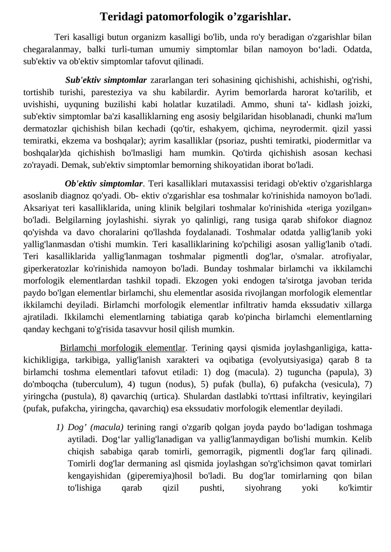 Teridagi patomorfologik o’zgarishlar