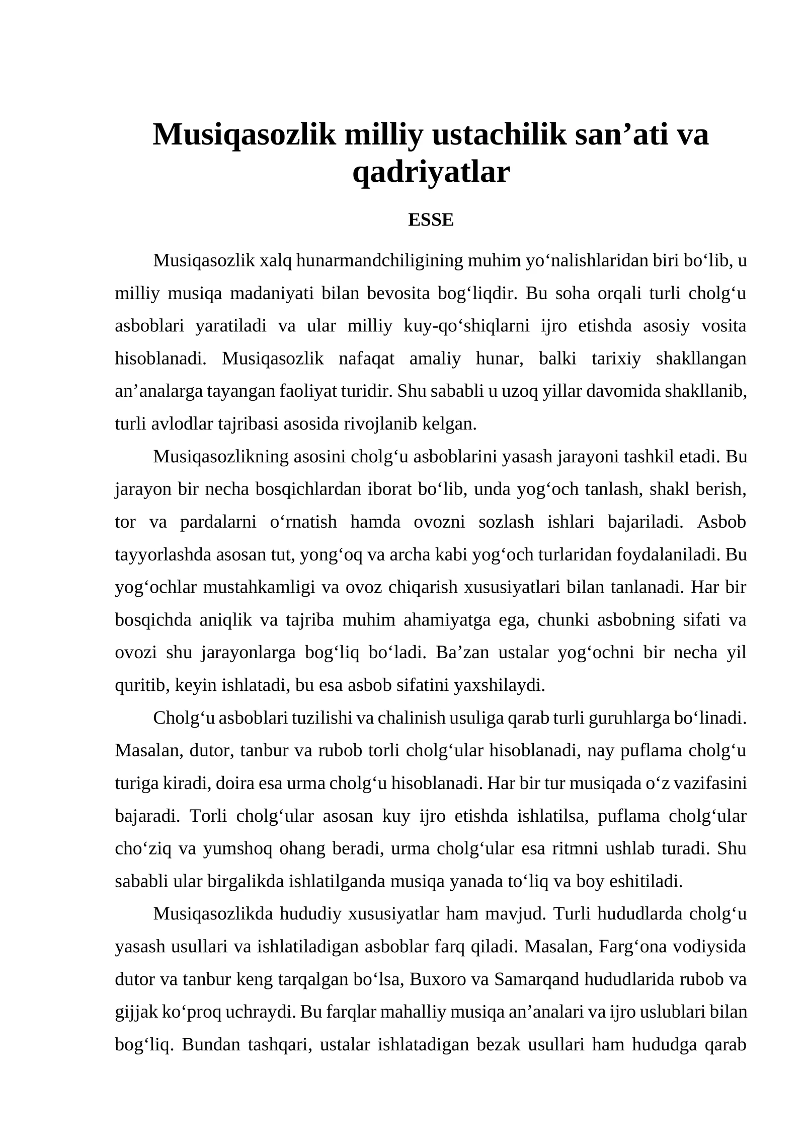 Musiqasozlik milliy ustachilik san’ati va qadriyatlar