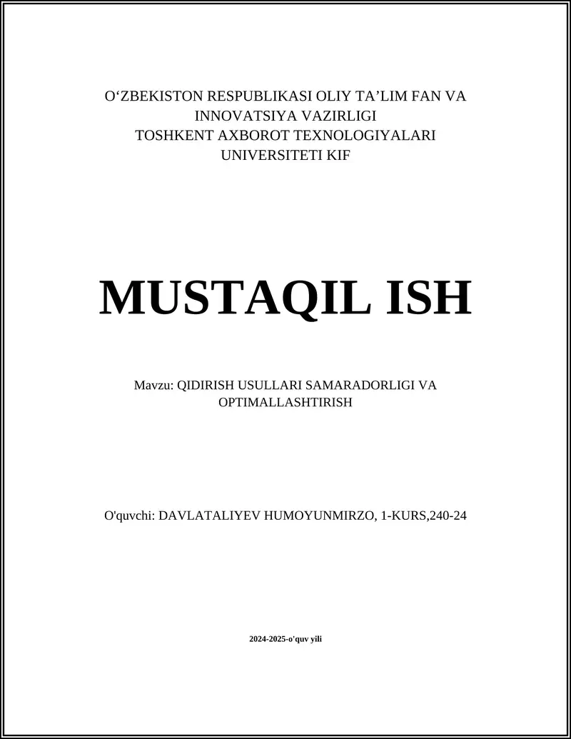 QIDIRISH USULLARI SAMARADORLIGI VA OPTIMALLASHTIRISH