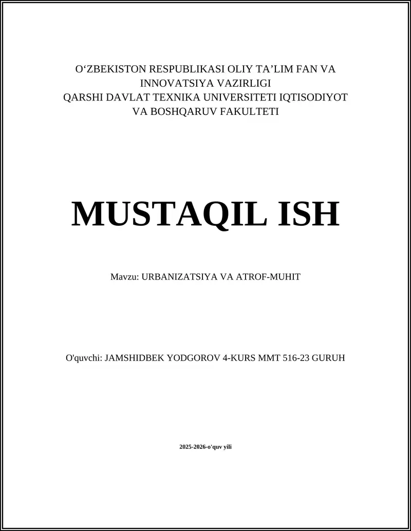 URBANIZATSIYA VA ATROF-MUHIT