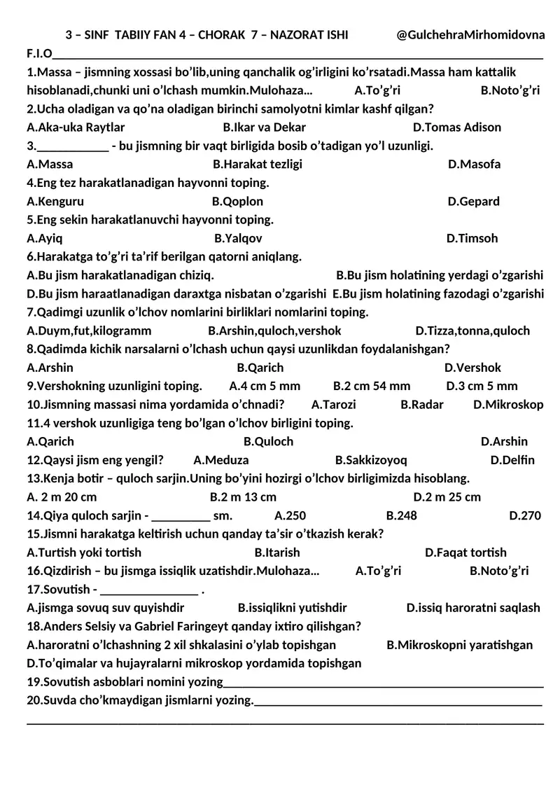 3 – SINF TABIIY FAN 4 – CHORAK 7 – NAZORAT ISHI