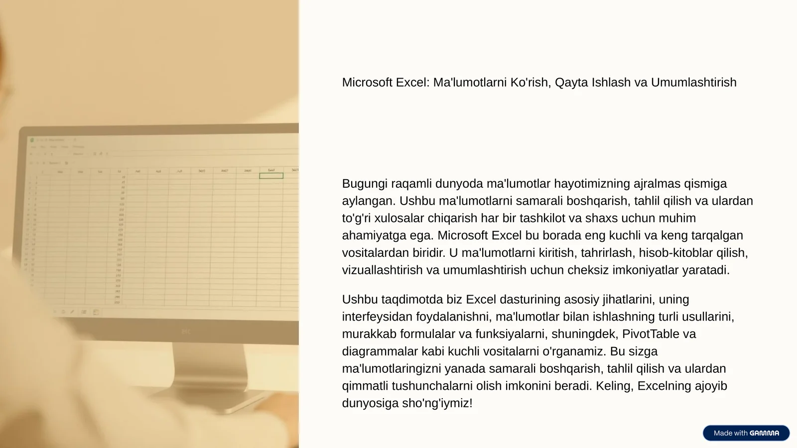 Microsoft Excel: Ma'lumotlarni Ko'rish, Qayta Ishlash va Umumlashtirish
