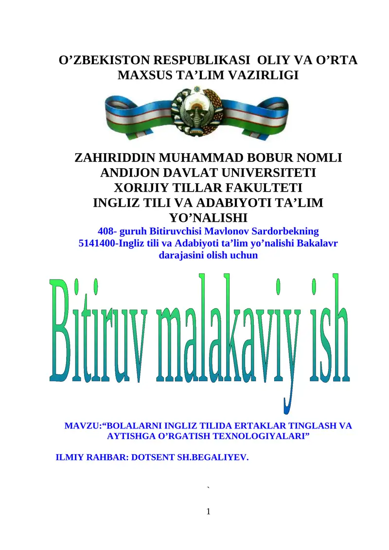BOLALARNI INGLIZ TILIDA ERTAKLAR TINGLASH VA AYTISHGA O’RGATISH TEXNOLOGIYALARI