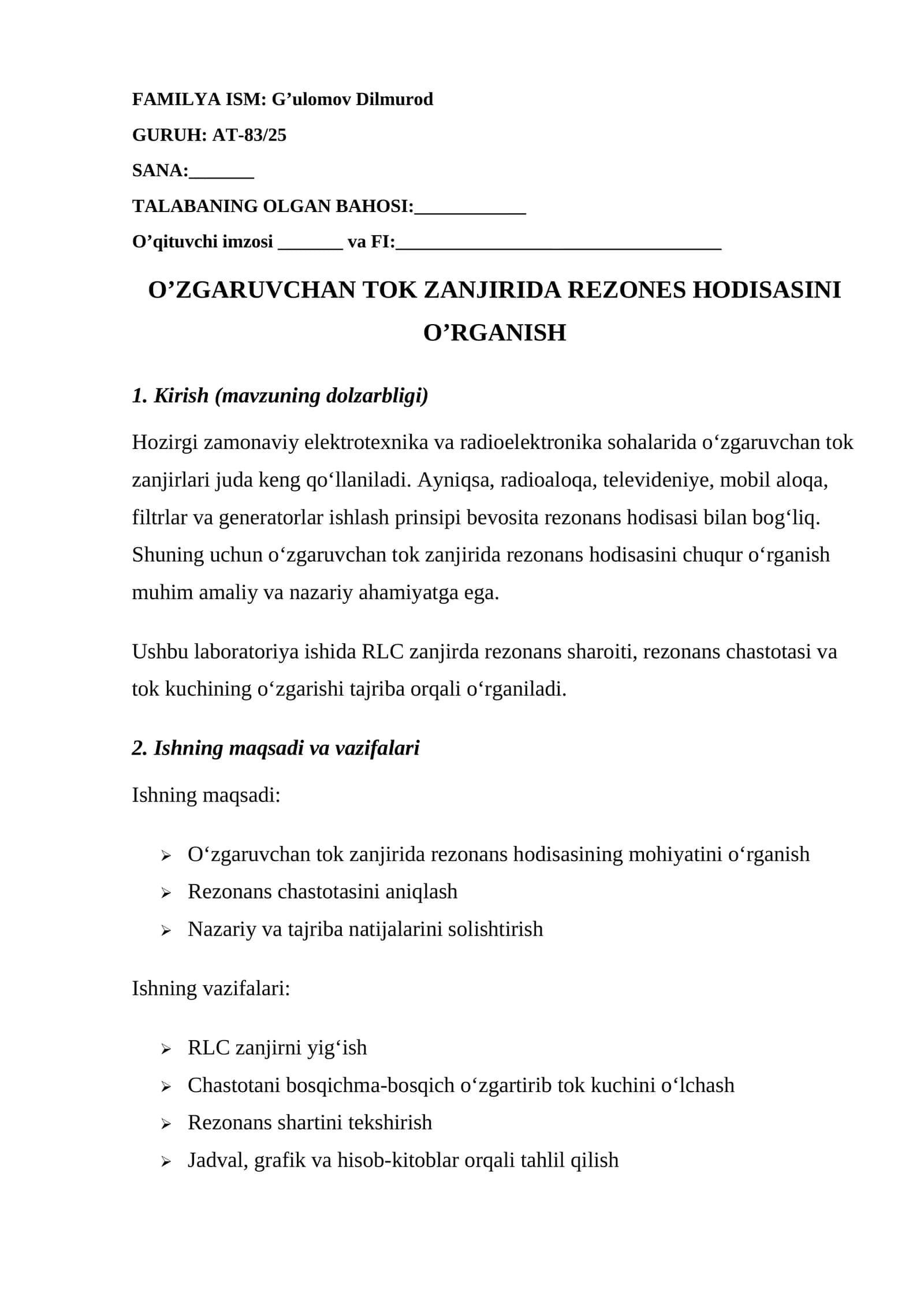 O’ZGARUVCHAN TOK ZANJIRIDA REZONES HODISASINI O’RGANISH
