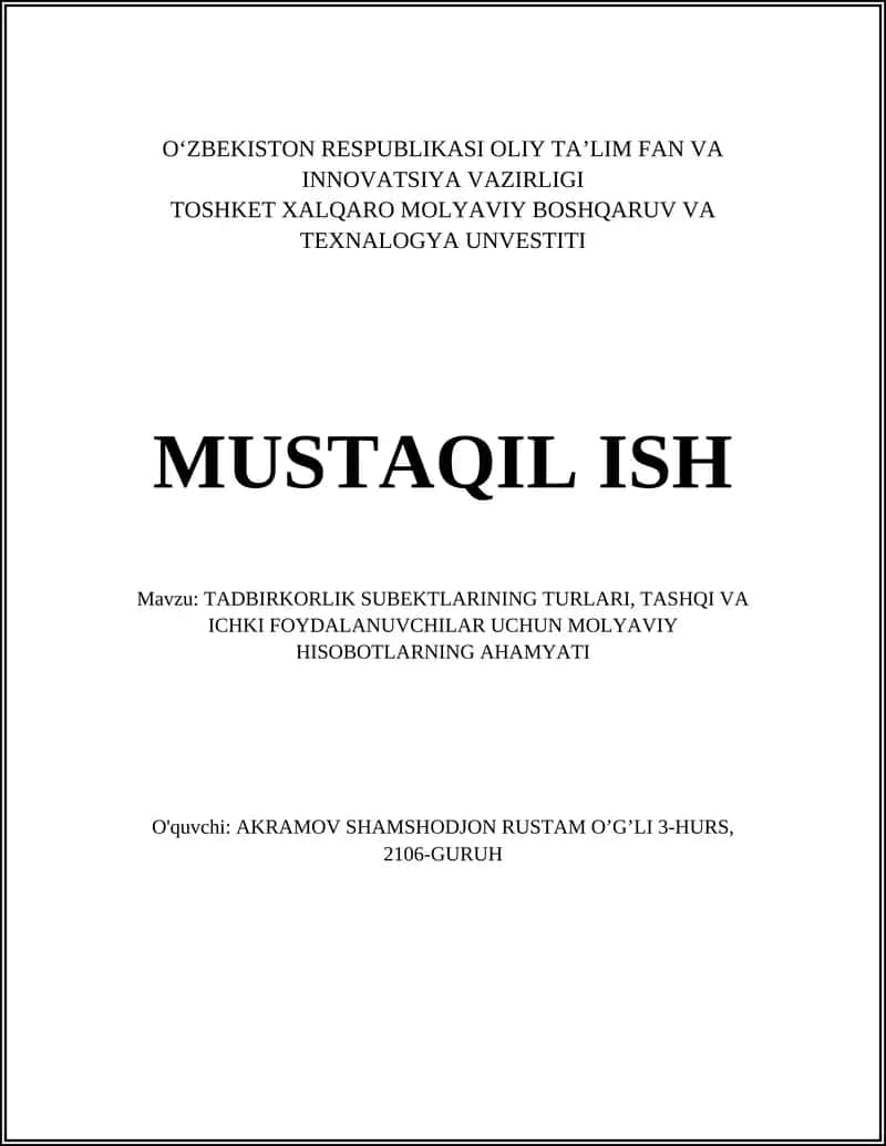 Tadbirkorlik Subyektlarining Turlari