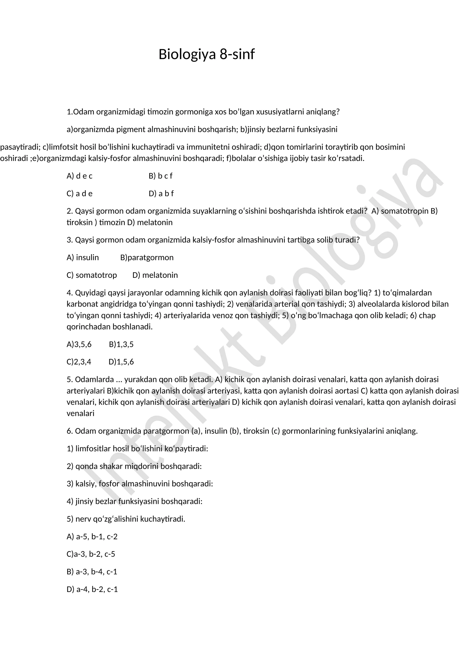 Biologiya 8-sinf mavzulashtirilgan