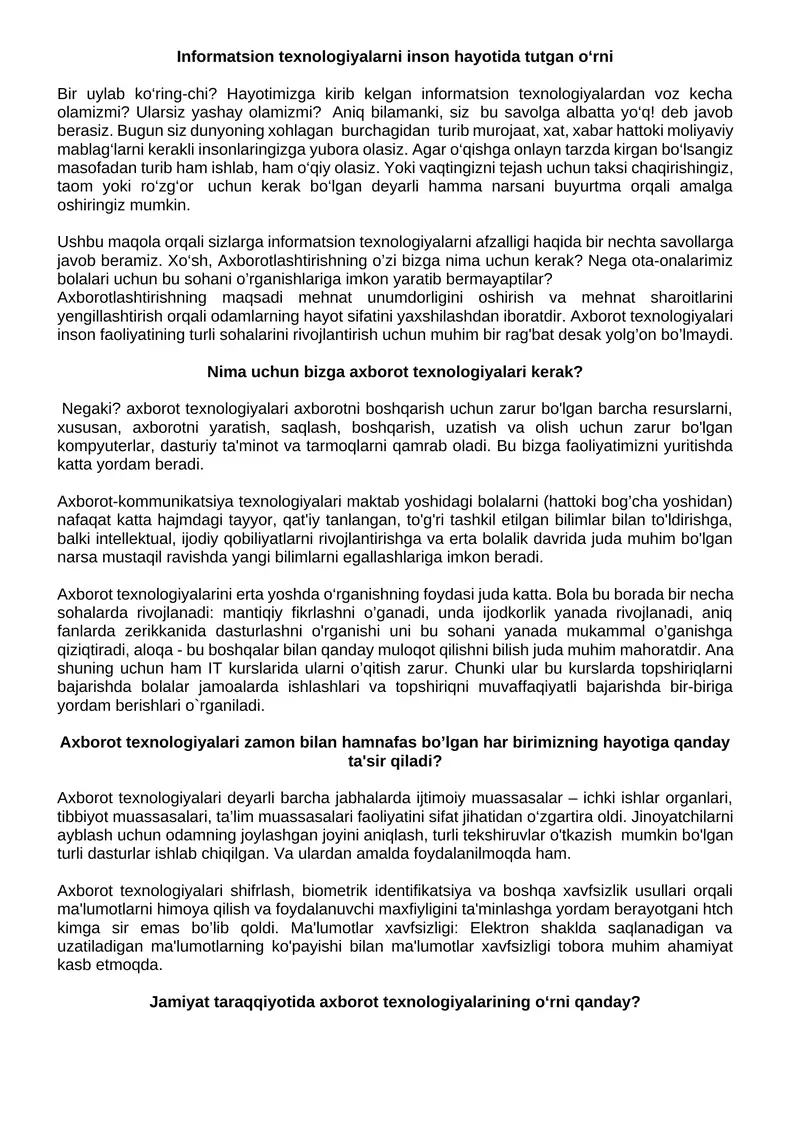 Informatsion texnologiyalarni inson hayotida tutgan o‘rni