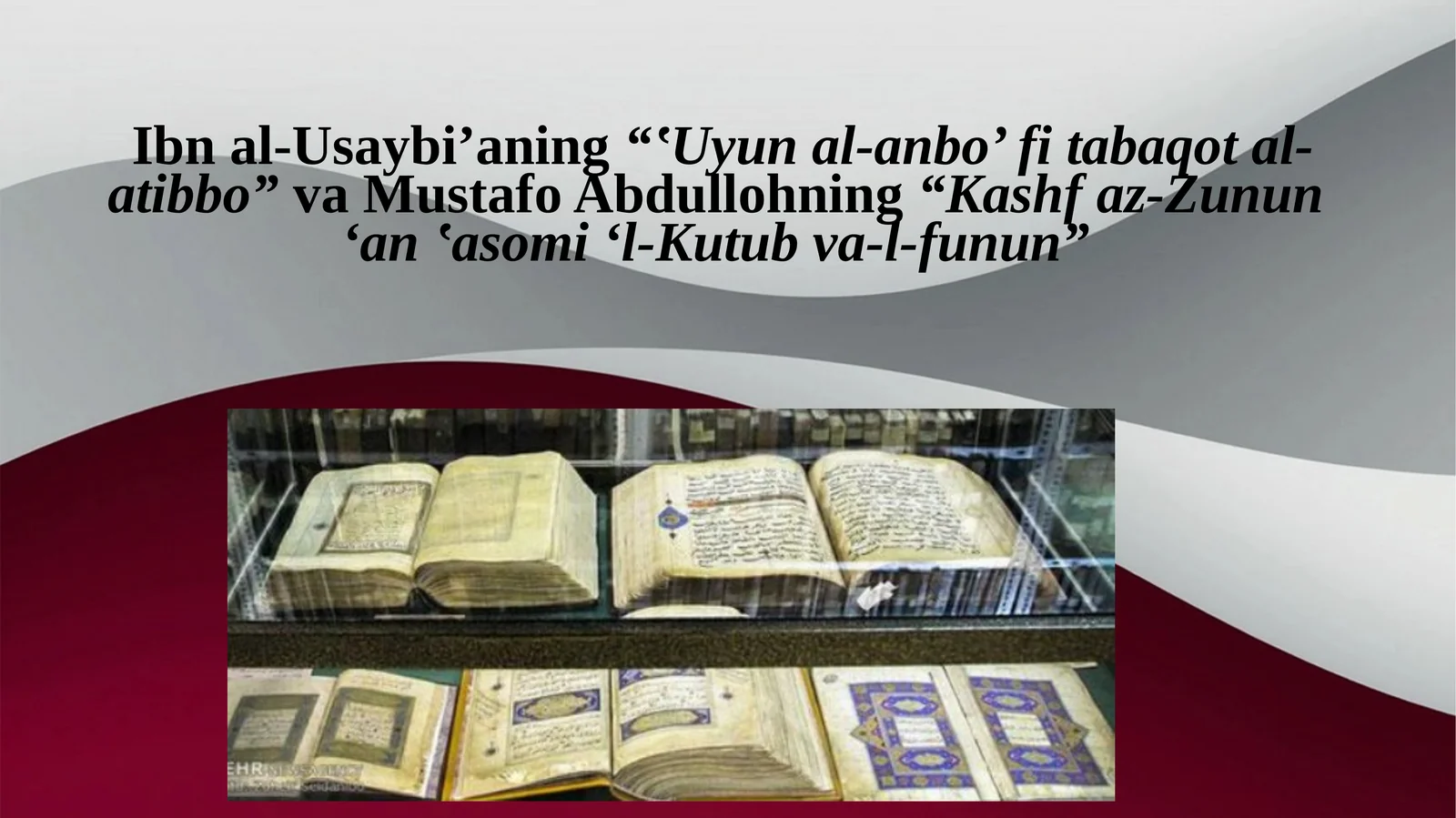Ibn al-Usaybi’ning“‛Uyun al-anbo’ fi tabaqot al-atibbo”va Mustafo Abdullohning“Kashf az-Zunun‘an ‛asomi ‘l-Kutub va-l-funun”