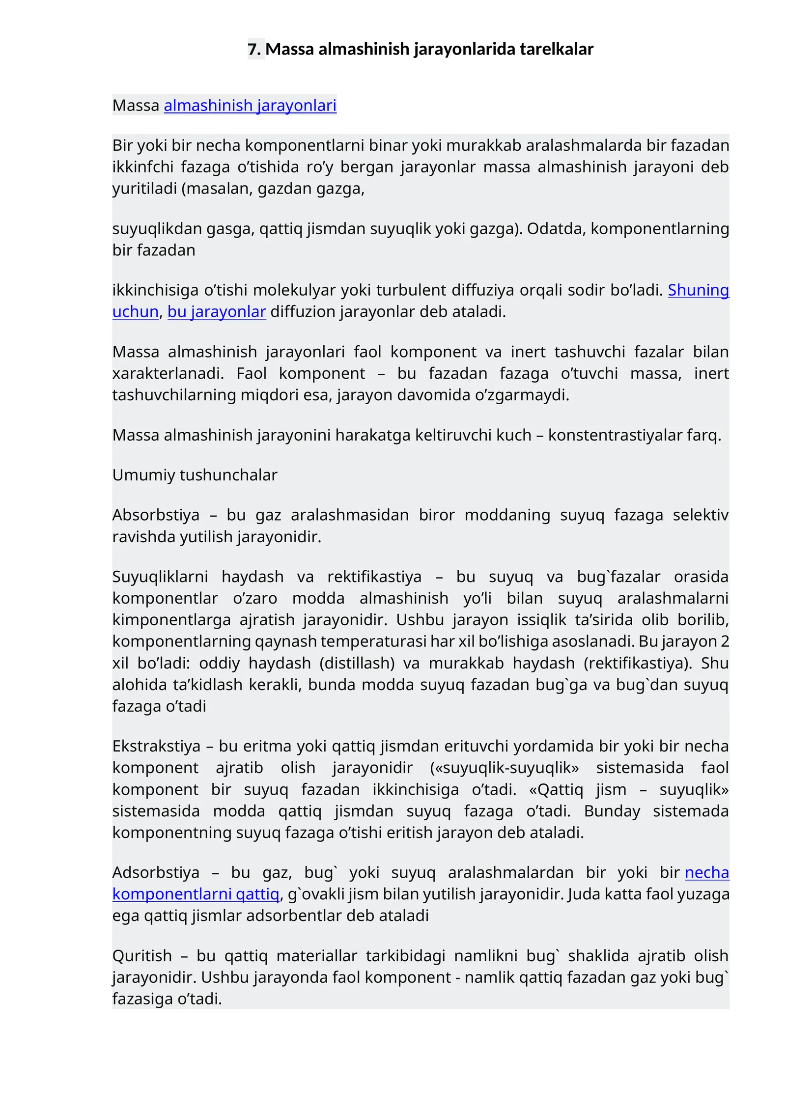 Massa almashinish jarayonlarida tarelkalar