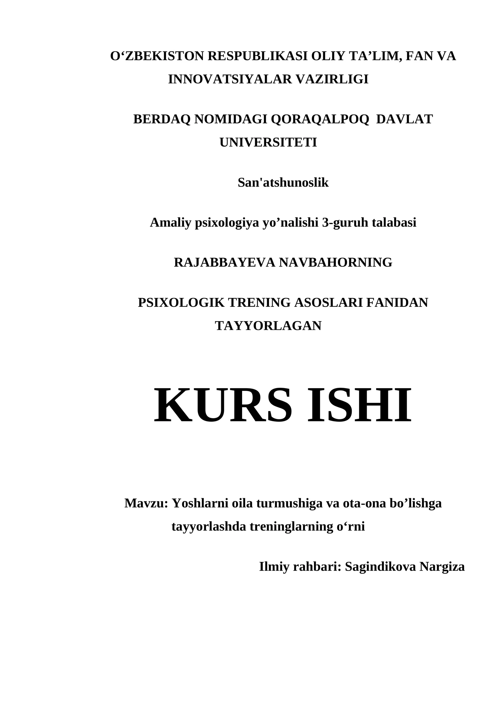 PSIXOLOGIK TRENING ASOSLARI FANIDAN TAYYORLAGAN KURS ISHI