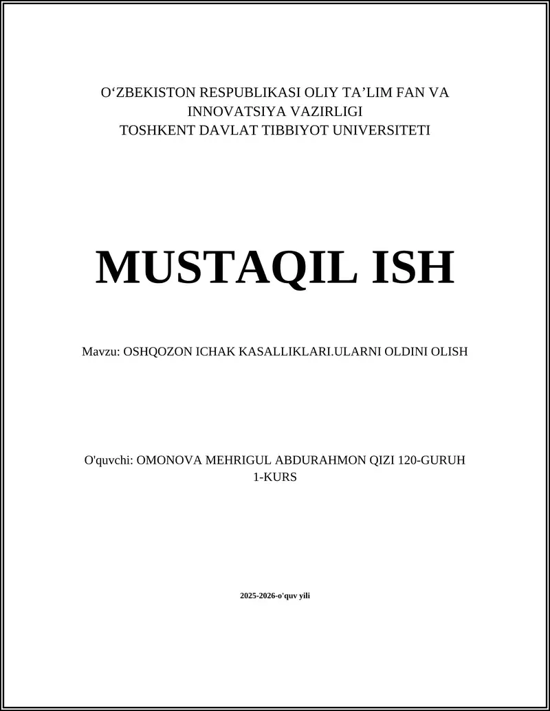 Oshqozon-ichak kasalliklari.ularni oldini olish