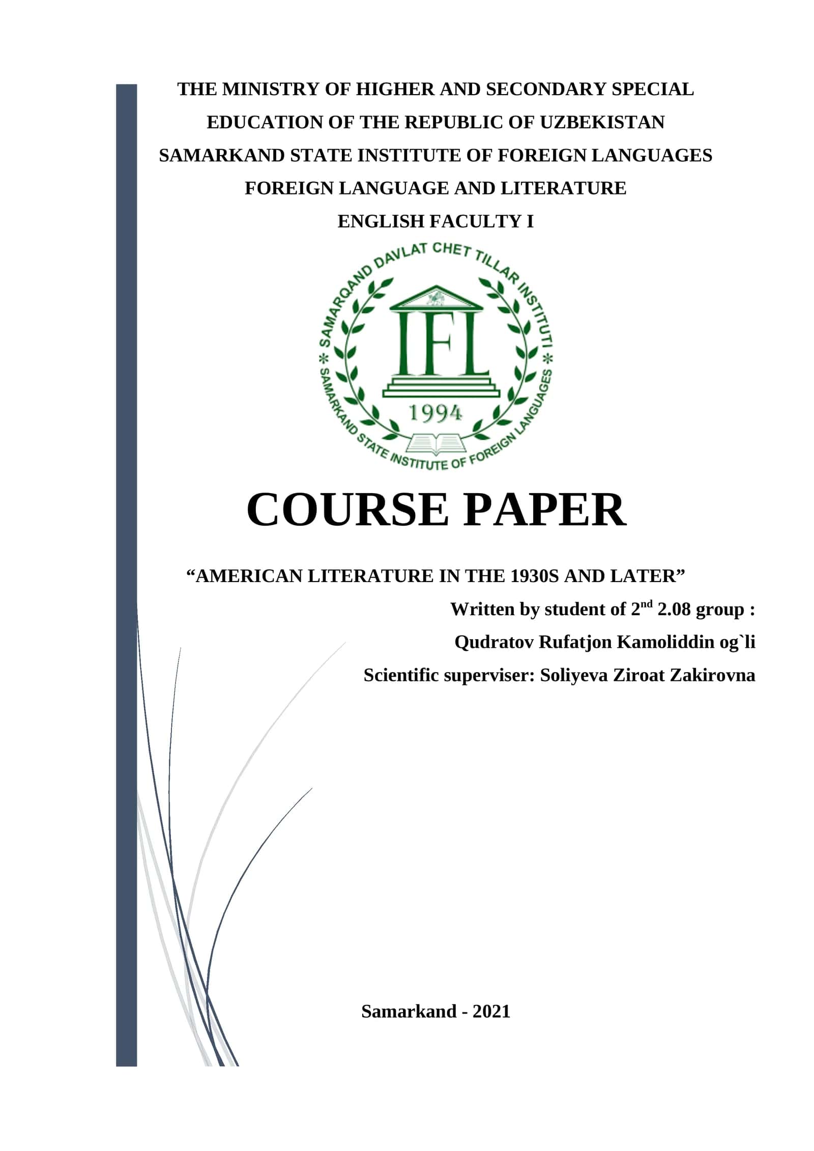 “AMERICAN LITERATURE IN THE 1930S AND LATER”